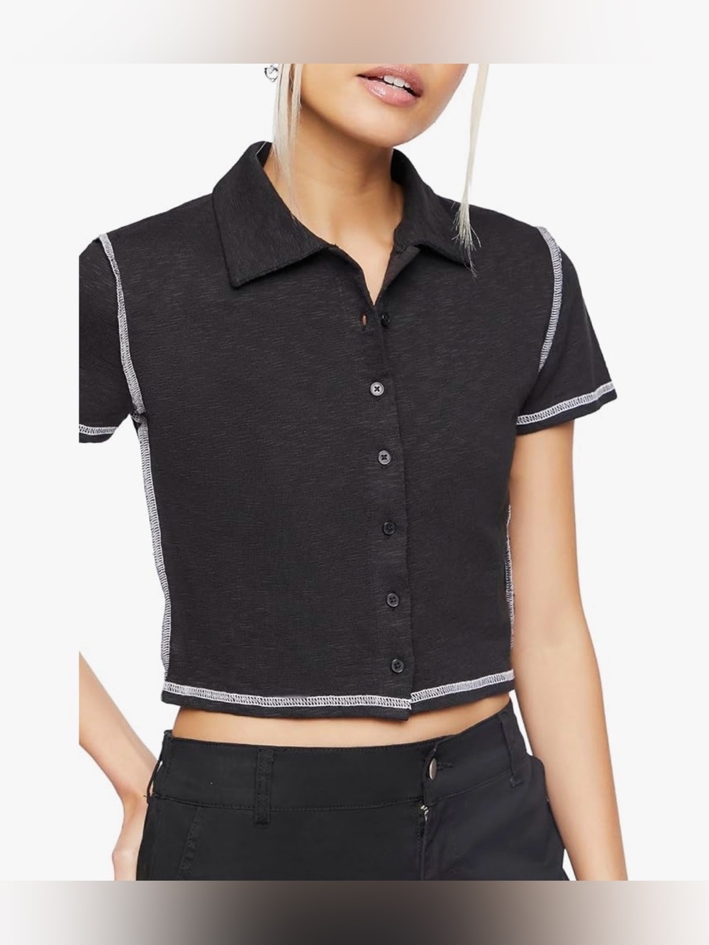 Forever 21 Y2K Schoolboy Preppy Cropped Polo Top Contrast Stitch Black Size L